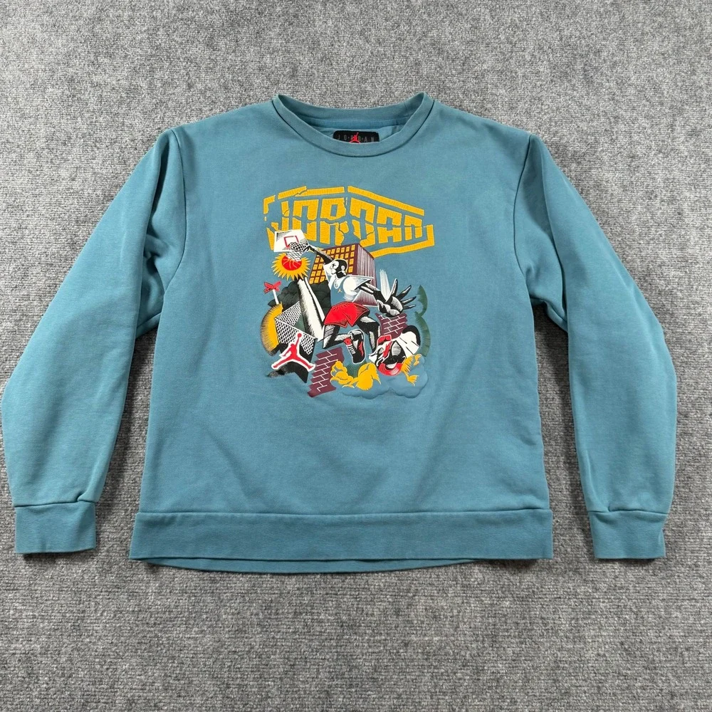 Jordan Sweatshirt Mens Medium Blue Graphic Crewneck Pullover Fleece Streetwear